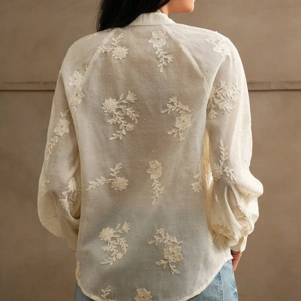 Apricot Elegant Women's V-Neck Lantern Sleeve Rhinestone Holiday Shirt